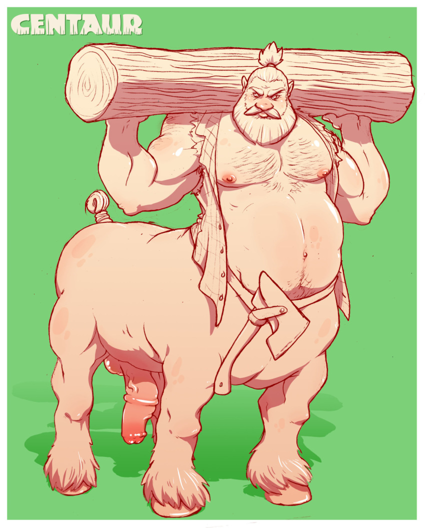 animal_genitalia_on_humanoid axe balls beard body_hair centaur chest_hair dogfu equine equine_taur facial_hair half-erect horsecock_on_humanoid log lumberjack male male_only mammal melee_weapon monochrome moustache muscular navel penis solo taur weapon wood