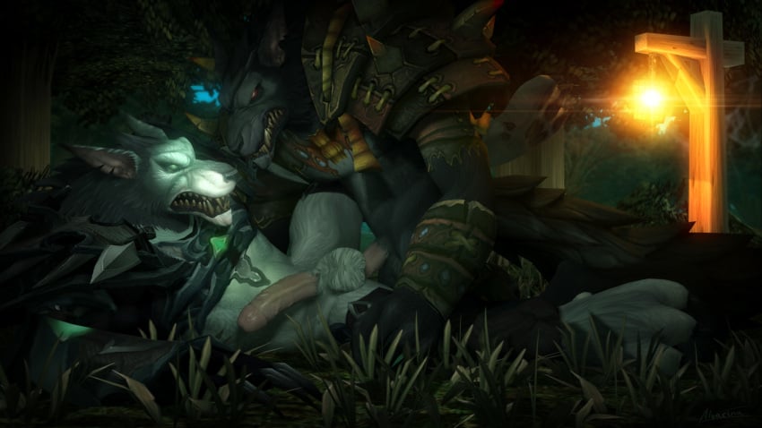 alliance_(warcraft) anal anal_sex balls blizzard_entertainment bottomless canine clothed clothing humanoid_penis liard male mammal outside penetration penis raised_leg sideways source_request video_games warcraft were werewolf worgen worgen_with_tail world_of_warcraft yaoi