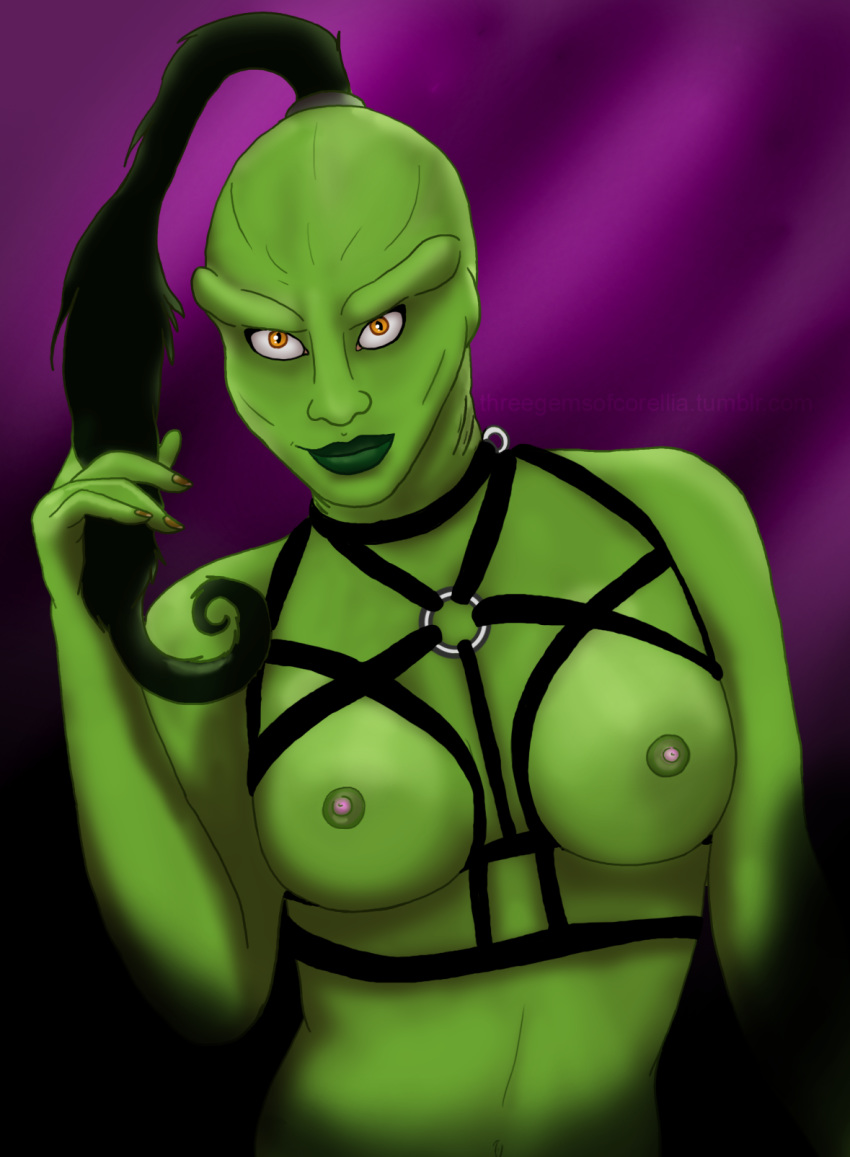 1girls alien alien_girl background black_background breasts eyes falleen female female_only fetish_wear fingernails front_view functionally_nude green_areola green_lipstick green_skin hair happy harness humanoid lips long_hair looking_at_viewer medium_breasts nails nipples nude_female nudity open_eyes oreena partially_clothed pink_nipples ponytail pulling_hair simple_background smile smirk solo standing star_wars tear_duct the_three_gems_of_corellia upper_body violet_background yellow_eye yellow_eyes