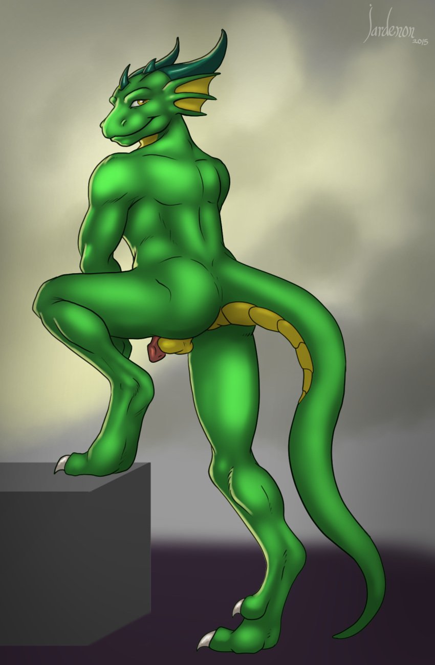 1boy 2015 animal_penis anthro ass balls claws digitigrade dragon flaccid_penis green_scales green_skin horns jardenon kasukajericho looking_at_viewer male male_only muscles muscular_male nude_male penis scales scalie simple_background smile smooth_penis solo tail two_tone_scales yellow_countershading yellow_eyes yellow_scales