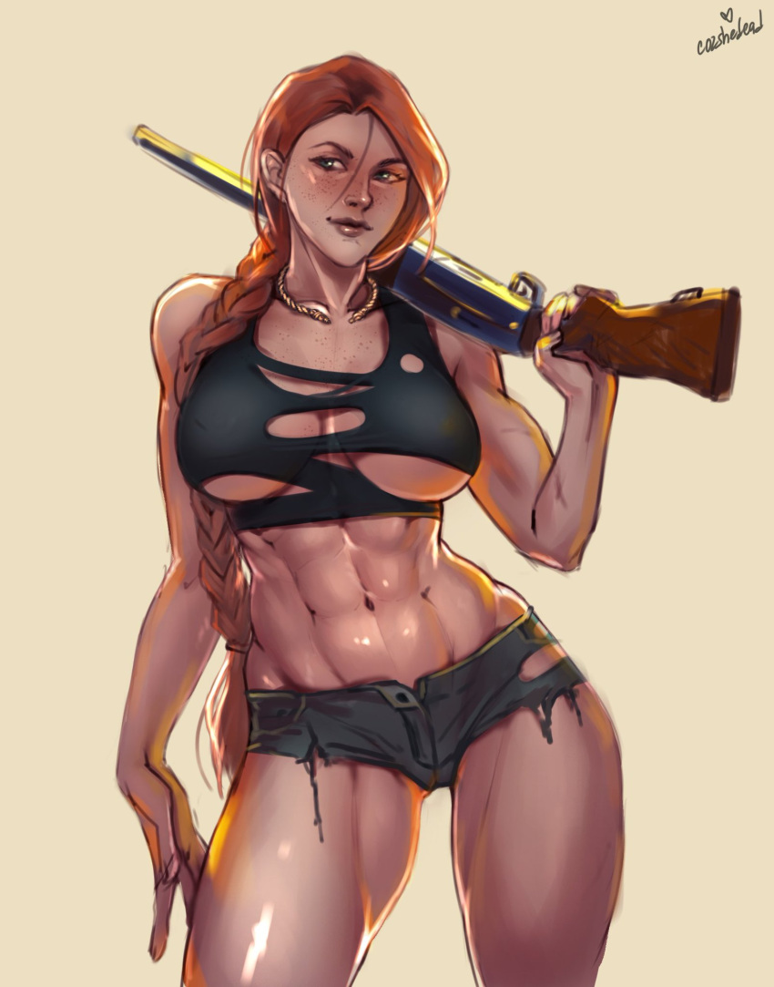 abs emily_bronze green_eyes gun muscular_female necklace red_hair solo torn_clothes