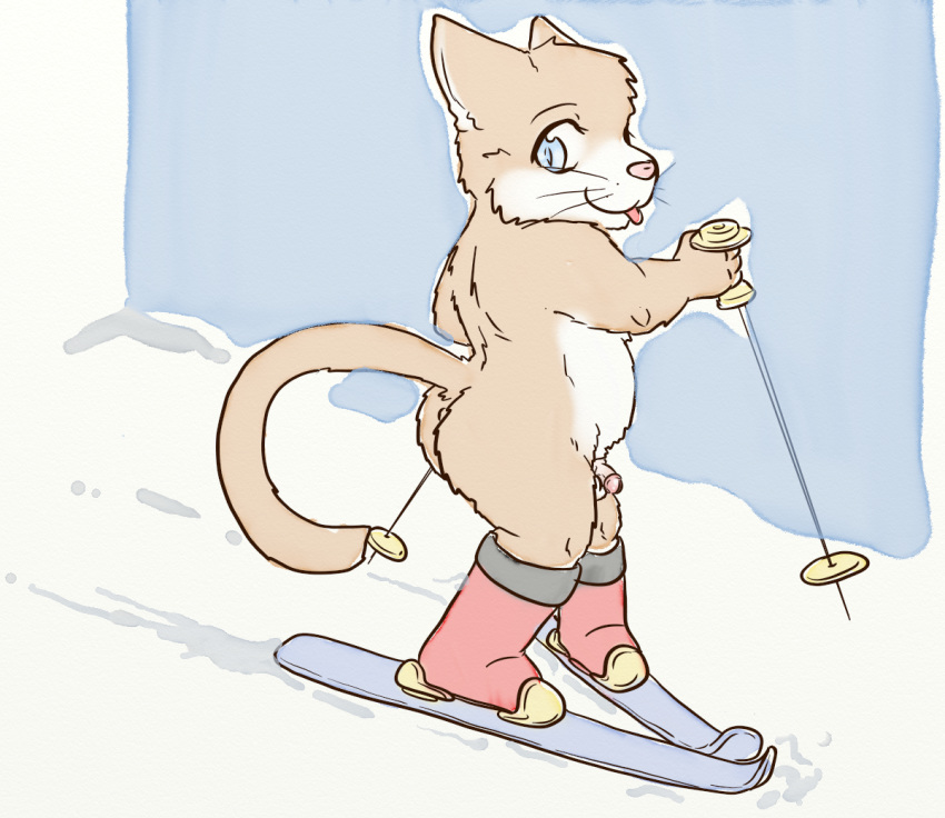 1boy anthro ass balls beige_fur belly cute digital_media_(artwork) feline fur holding_object lavilovi male male_only mammal nude outside penis simple_background ski ski_pole slightly_chubby smile snow solo tail thick_thighs tongue