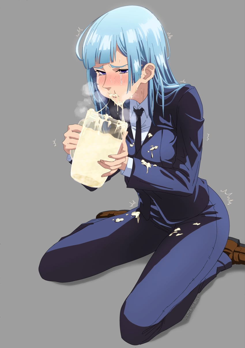 absurdres black_necktie blue_hair cum cum_in_container cum_in_cup cum_in_mouth cup diagonal_bangs drink drinking excessive_cum formal_clothes gokkun highres holding holding_cup holding_drink jonathan_capahalea jujutsu_kaisen jujutsu_tech_uniform miwa_kasumi mug necktie pant_suit pants school_uniform suit