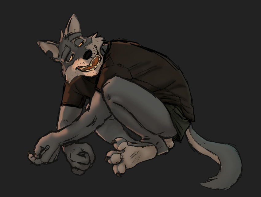 anthro balls bottomwear canid canine canis clothed clothing eddie_(orf) exposed facial_hair feet hairy_balls hi_res male male_only mammal mature_male open_mouth orf soles solo spread_toes topwear wolf