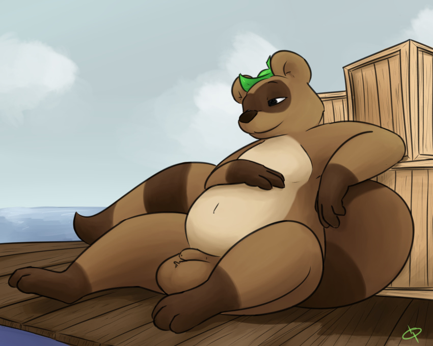 animal_genitalia anthro balls belly big_balls brown_fur crate doublepopsicle fully_sheathed fur hi_res leaf lounging male male_only mammal nude outside public relaxing seaside sheath slightly_chubby smile solo taeko tanuki