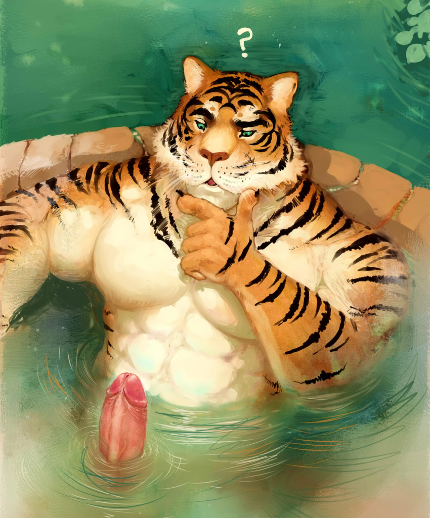 1boy 2016 ? abs absurd_res anthro bath biceps big_muscles black_fur claws erection feline fur green_eyes hi_res looking_at_penis looking_down male male_only mammal muscular muscular_male nude open_mouth orange_fur pecs penis pockyrumz relaxing solo stripes tiger vein veiny_penis water whiskers white_fur