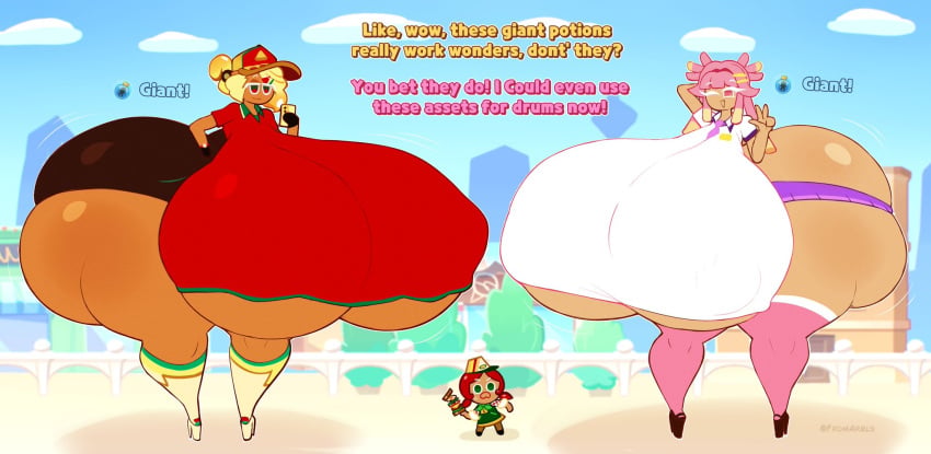 1boy 2girls big_breasts cookie_run cookie_run_ovenbreak fromariels giantess pizza_cookie sandwich_cookie strawberry_stick_cookie tagme