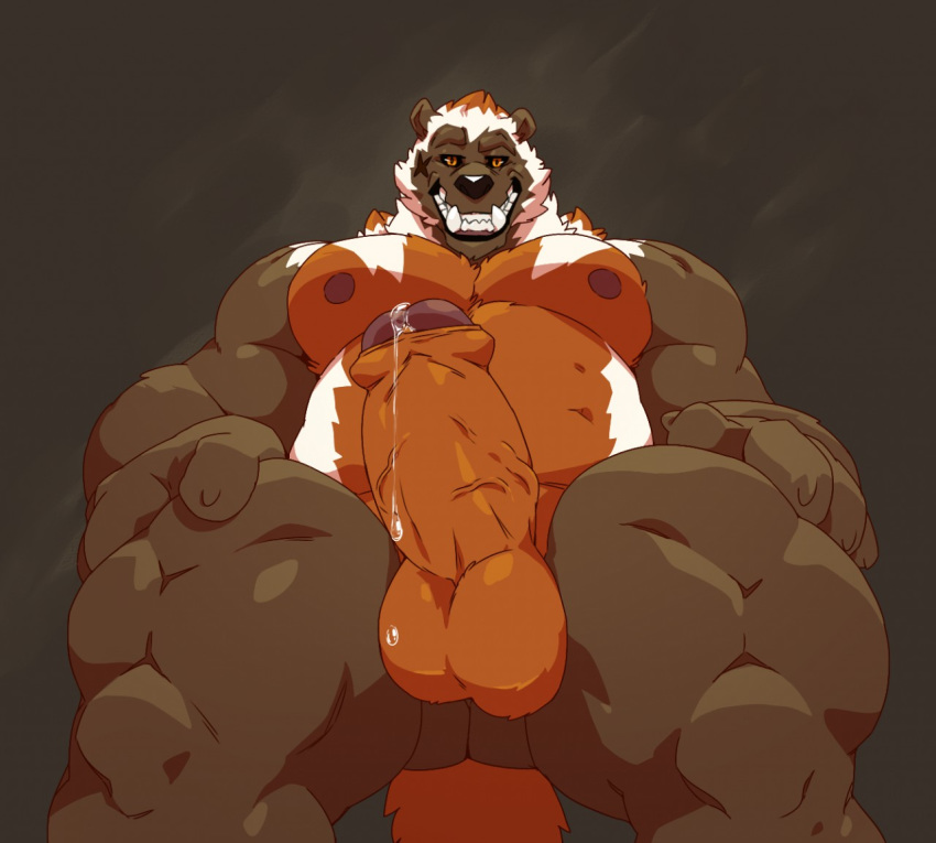 1boy anthro balls biceps big_biceps big_muscles big_penis brown_eyes claws clenched_teeth cum cum_on_penis cum_on_self erection front_view fur hand_on_leg hi_res huge_cock humanoid_penis looking_at_viewer low-angle_view male male_only mammal manly multicolored_fur muscular muscular_male mustelid nipples partially_retracted_foreskin pecs penis pose precum scar simple_background solo standing taoren teeth thick_penis uncut vein veiny_penis white_eyes wolverine