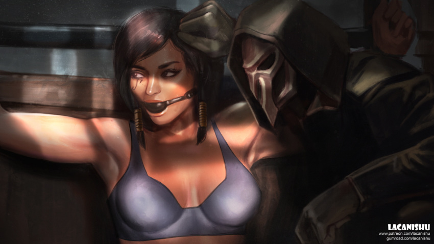 ball_gag bondage female gag gagged imminent_rape lacanishu overwatch overwatch_2 pharah reaper restrained tagme tattoo