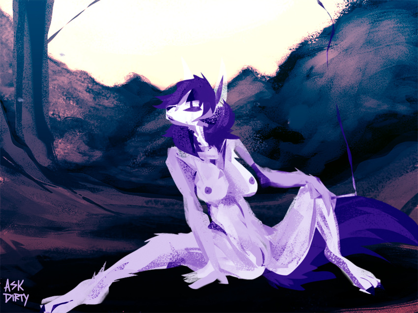 2016 anthro biped breasts canine detailed_background digital_media_(artwork) digital_painting_(artwork) dirty_scoundrel dirtyscoundrel female fur hair hi_res looking_aside mammal medium_breasts nipples nude on_ground outside purple_eyes purple_fur purple_hair purple_nipples purple_pussy purple_tail purple_theme pussy smoking solo spread_legs spreading wolf