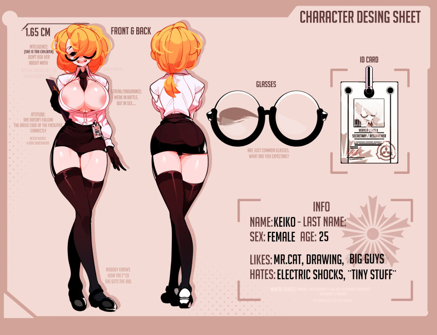 big_breasts breasts character_profile character_sheet female_only glasses keiko_(sachiko2s) no_bra orange_hair sachiko skirt solo