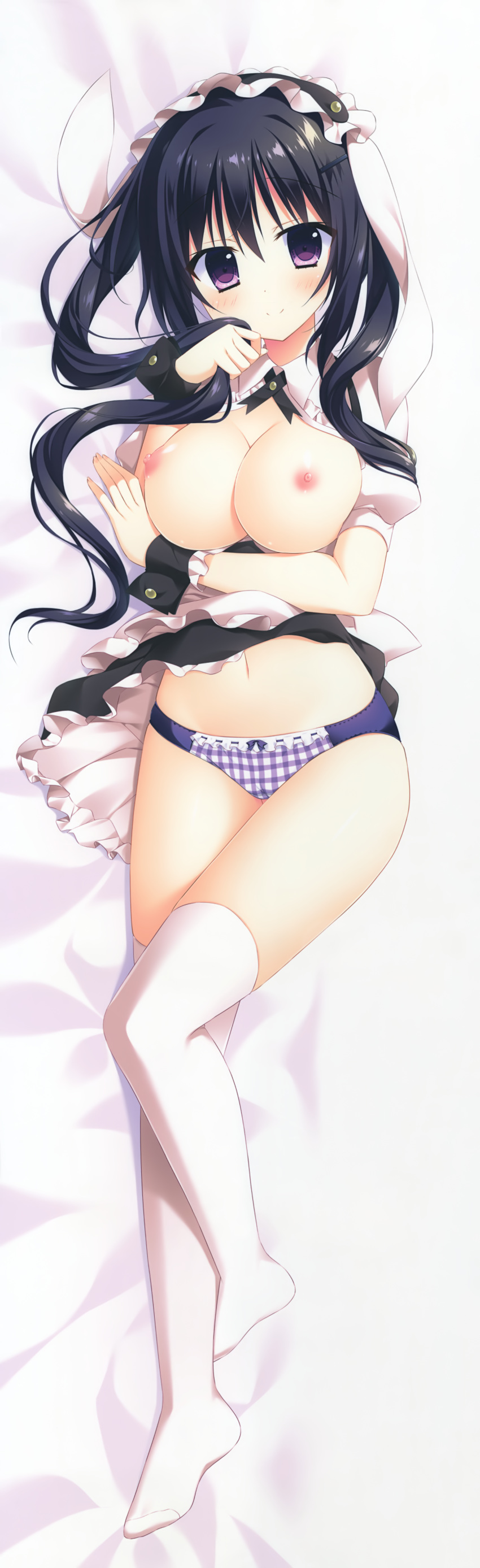 absurdres bed_sheet black_hair black_skirt blush breasts dakimakura female fleur_de_lapin_uniform from_side full_body gochuumon_wa_usagi_desu_ka? highres huge_filesize large_breasts long_hair looking_at_viewer lying maid_headdress midriff miniskirt navel nipples on_side panties purple_eyes purple_panties short_sleeves skirt skirt_lift solo stomach tanoma_suzume tedeza_rize thighhighs underwear very_long_hair white_legwear wrist_cuffs