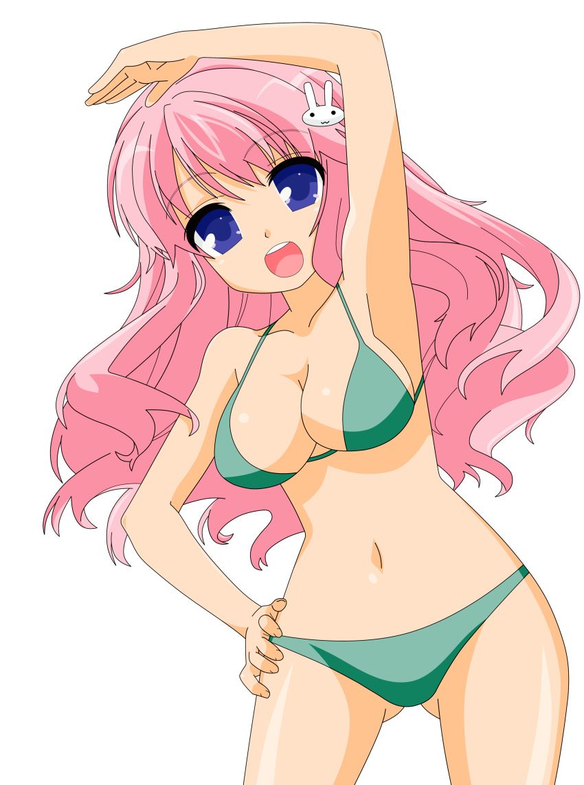 absurdres areolae artist_request baka_to_test_to_shoukanjuu bare_midriff blue_eyes breasts busty cleavage female hair_ornament hairclip highres himeji_mizuki hips legs long_hair looking_at_viewer mound_of_venus navel open_mouth photoshop pink_hair solo standing thighs tongue transparent_background vector_trace