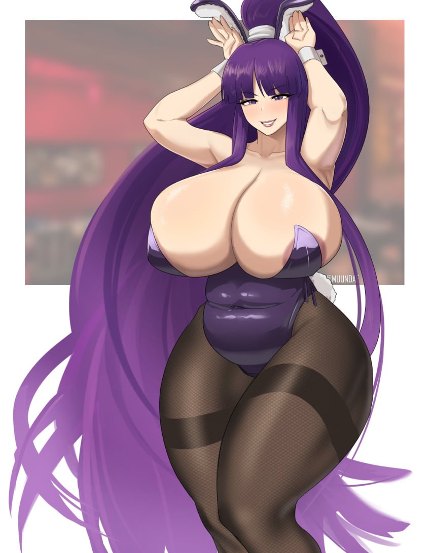 1girls areola_slip areolae big_breasts blush breasts bunny_ears bunny_tail bunnysuit cleavage eiken fake_animal_ears fake_tail female female_only hips huge_breasts hyper_thighs kirika_misono large_breasts legwear lips long_hair massive_thighs muundae playboy_bunny ponytail purple_bunnysuit purple_eyes purple_hair smile solo solo_female tail thick_thighs thighs thunder_thighs wide_hips