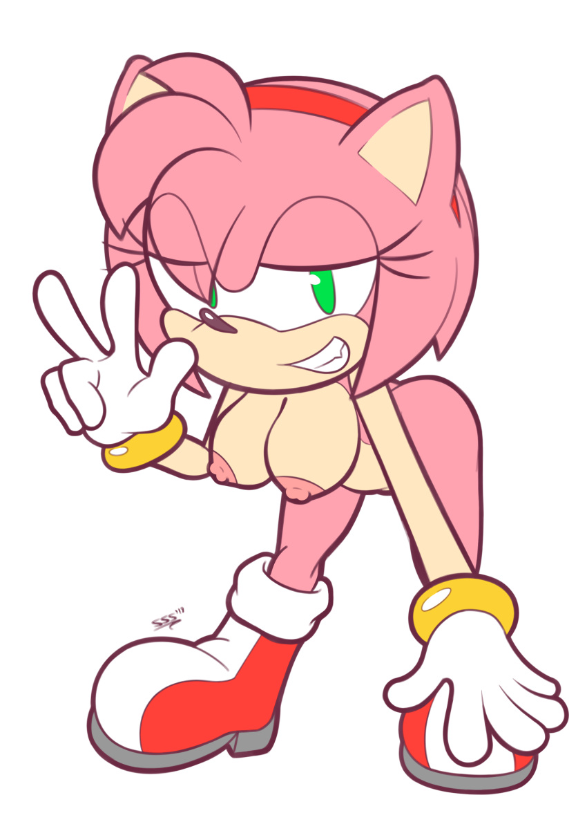 amy_rose areolae ass belly bent_over breasts green_eyes hanging_breasts headband naked_footwear nipples nude peace_sign pink_hair sonic_(series) supersegasonicss white_background