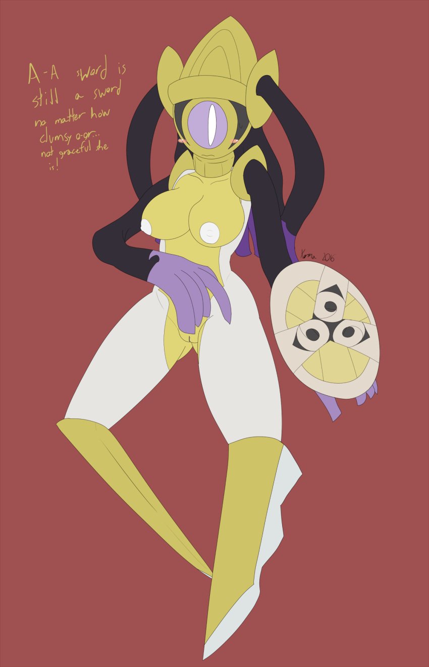 aegislash animate_inanimate anthro black_body blush english_text female kawma kawmapkarma nintendo nipples pokemon pokemon_(species) pokemon_xy pokemorph purple_body purple_eyes pussy red_background shield simple_background solo text video_games white_areola white_body white_nipples white_pupils yellow_body