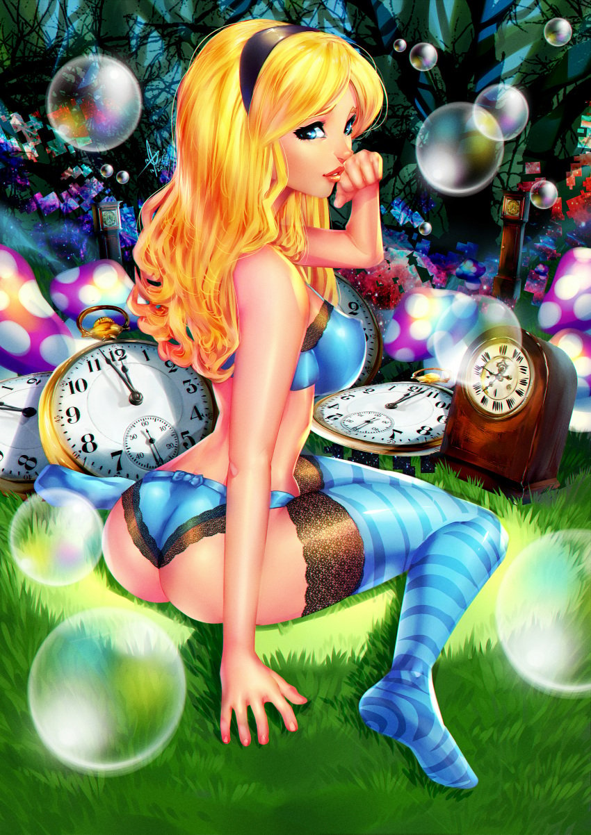 alice_(wonderland) alice_in_wonderland alice_in_wonderland_(zenescope) alice_liddell ass blonde_hair blue_bra blue_legwear blue_panties bow bra bubble clock covered_nipples female hairband long_hair looking_at_viewer looking_back outdoors panties parted_lips shiny shiny_clothes shiny_hair shiny_skin sitting solo thighhighs underwear wonderland xdtopsu01