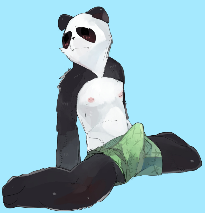 anthro barefoot bear blush boxers closed_eyes cute_fangs furry kneeling liteu looking_away low-riding male male_only mammal nipples panda solo spread_legs spreading tenting topless underwear