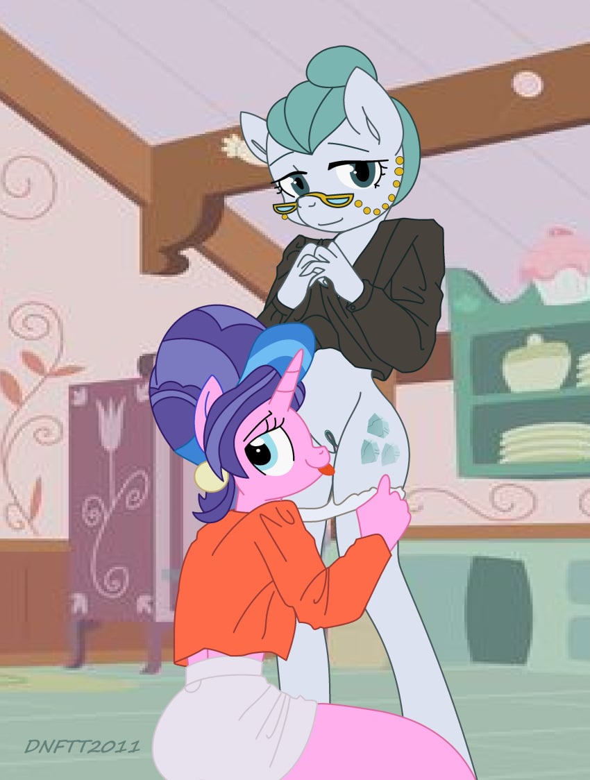 2016 absurd_res anthro anthrofied blue_eyes cloudy_quartz_(mlp) cunnilingus dnftt2011 duo earth_pony equine eyewear female friendship_is_magic furry glasses green_eyes green_hair hair_bun hi_res horn horse inside kitchen looking_at_viewer looking_back mammal mature_female multicolored_hair my_little_pony oral panties panties_down pearl_(mlp) pony pussy raised_shirt rear_view sex skirt smile standing tongue tongue_out underwear unicorn vaginal_penetration yuri