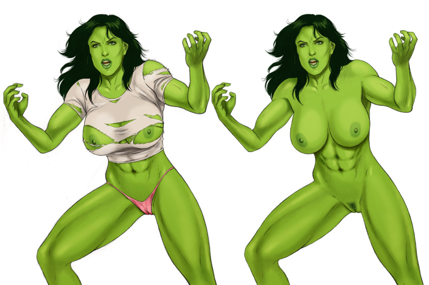 1girls abs avengers big_breasts breasts cameltoe female female_only green_eyes green_hair green_skin hulk_(series) marvel marvel_comics nipples nude panties pubic_hair she-hulk solo thong toned toned_female torn_clothes zakuman