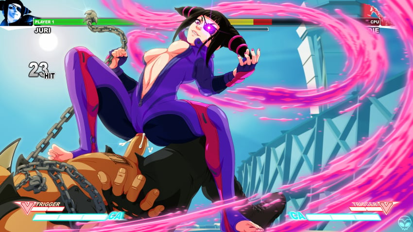 1boy 1girls birdie black_hair bodysuit breasts cum dark-skinned_male dark_skin ejaculation eyepatch femdom gameplay_mechanics hi_res interracial juri_han navel penis street_fighter street_fighter_v twintails zone