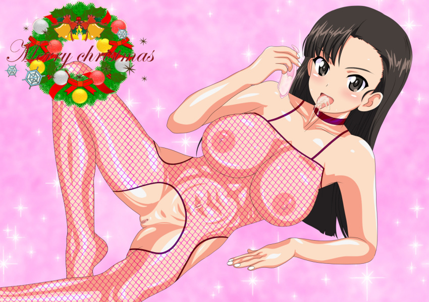 black_eyes black_hair blush breasts condom cum cum_in_mouth female girls_und_panzer large_breasts mevius9 navel nipples nishi_kinuyo pussy solo used_condom