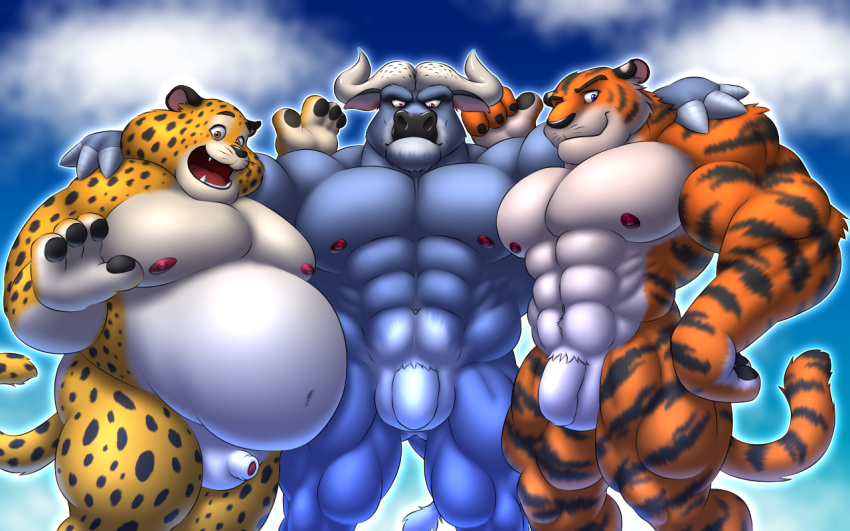 2016 abs anthro arm_around_shoulders benjamin_clawhauser biceps big_muscles black_fur black_nose blue_fur bovine buffalo cheetah chief_bogo cloud disney fangs feline flaccid fur group horn interval looking_at_viewer male male_only mammal muscular muscular_male navel nipples nude open_mouth orange_fur outside overweight pecs penis sky smile standing stripes teeth tiger tiger_dancer_(zootopia) tongue whiskers white_fur yellow_fur zootopia