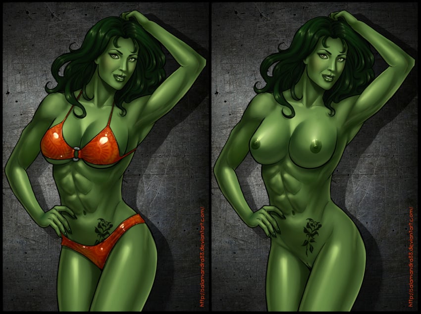 1girls abs armpits avengers big_breasts bikini breasts cameltoe female female_only green_eyes green_hair green_skin hulk_(series) marvel marvel_comics nipples nude pussy salamandra salamandra88 sexy_armpits she-hulk solo tattoo