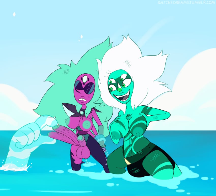 2futas alexandrite_(steven_universe) autopaizuri balls big_breasts breasts cartoon_network cleavage duo erection foreskin full_circle futa_only futanari gem_(species) gem_fusion giantess hydrokinesis intersex long_foreskin looking_at_penis malachite_(steven_universe) multi_eye multi_genitalia multi_penis ocean partially_retracted_foreskin partially_submerged penis smile steven_universe triphallia uncut unretracted_foreskin watermark