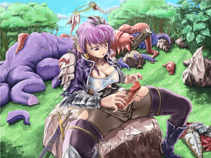 blush breasts cleavage decensored erect_nipples erection female futanari hair intersex katatuki monster penis purple_eyes purple_hair tentacle uncensored