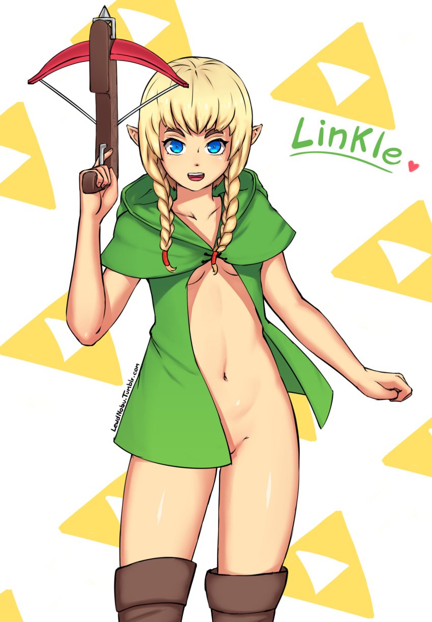 blonde_hair blue_eyes boots braid breasts brown_legwear capelet convenient_censoring crossbow female hyrule_warriors lewdnobu linkle looking_at_viewer nipples open_mouth pointy_ears smile solo the_legend_of_zelda thigh_boots thighhigh_boots thighhighs tied_hair twin_braids weapon