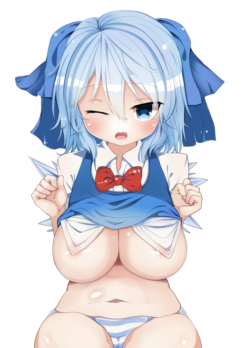 absurdres areola_slip areolae belly blue_eyes blue_hair blush bow breasts cirno female hairbow highres ice ice_wings large_breasts looking_at_viewer navel nipples one_eye_closed open_mouth panties plump see-through solo striped striped_panties takashi_(nekoro) touhou underwear white_background wings