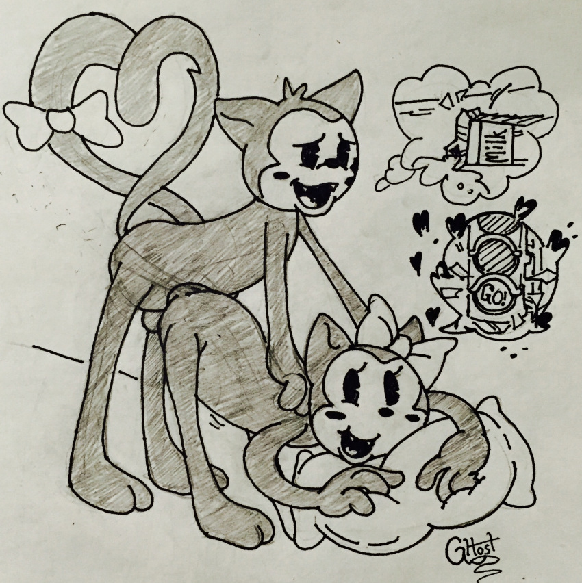 anthro balls bow brother brother_and_sister candy_(fnac) cindy_(fnac) english_text fangs fazbear_fanverse feline female five_nights_at_candy's five_nights_at_freddy's ghost_(artist) greyscale heart incest male mammal milk monochrome open_mouth penetration penis pillow retro_artstyle retro_artstyle_(western) sibling sister smile speech_bubble straight text thought_bubble toony