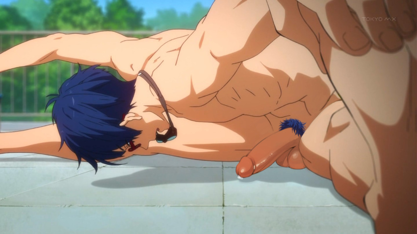 1boy blue_hair edit free! glasses male_only muscle penis pubic_hair ryuugazaki_rei screenshot testicles uncensored