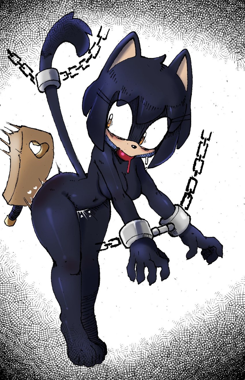 ball_gag black_fur bondage cat_ears chains clawed_fingers colono drool eyelashes_visible_through_hair featureless_breasts feline female female_focus heart_symbol paddle solo solo_female sonic_(series) sonic_oc sonic_the_hedgehog_(series) spanking spanking_paddle tail_bondage yellow_eyes