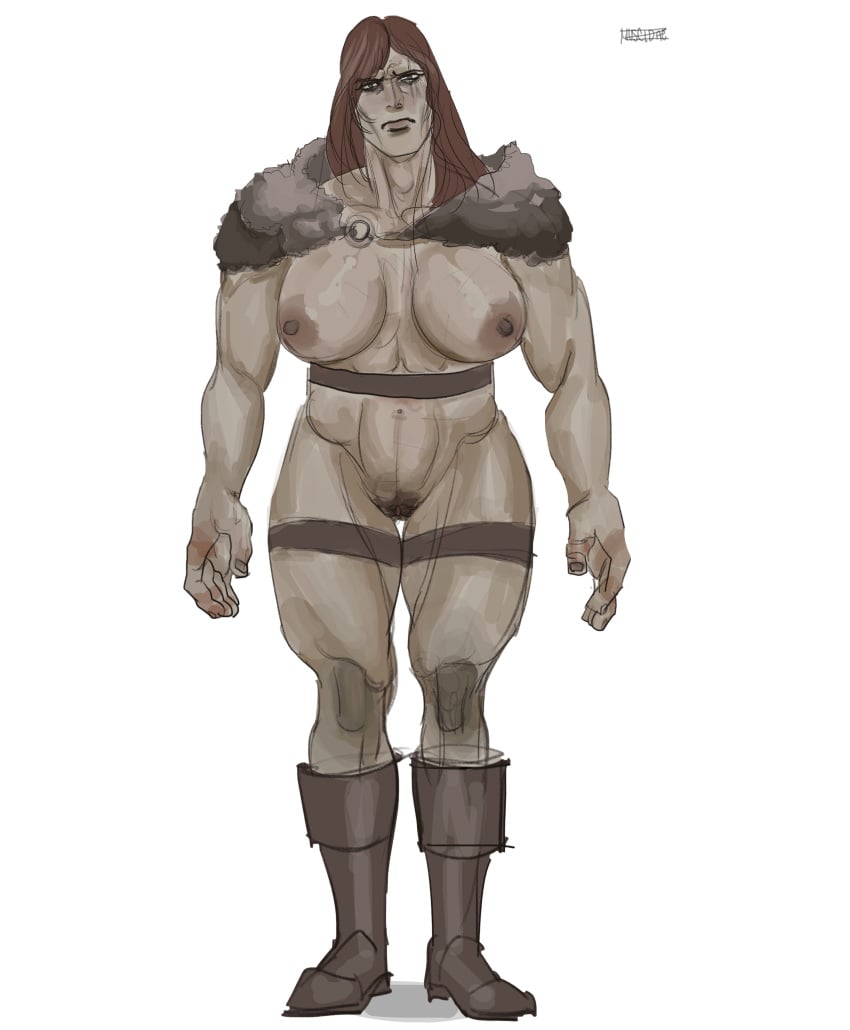 barbarian big_breasts boots fear_and_hunger female female_only full_body fur_collar genderswap_(mtf) long_hair looking_at_viewer mostly_nude muscidae muscular muscular_female muscular_thighs pubic_hair pussy ragnvaldr red_hair rule_63 solo standing thick_thighs thigh_strap uncensored