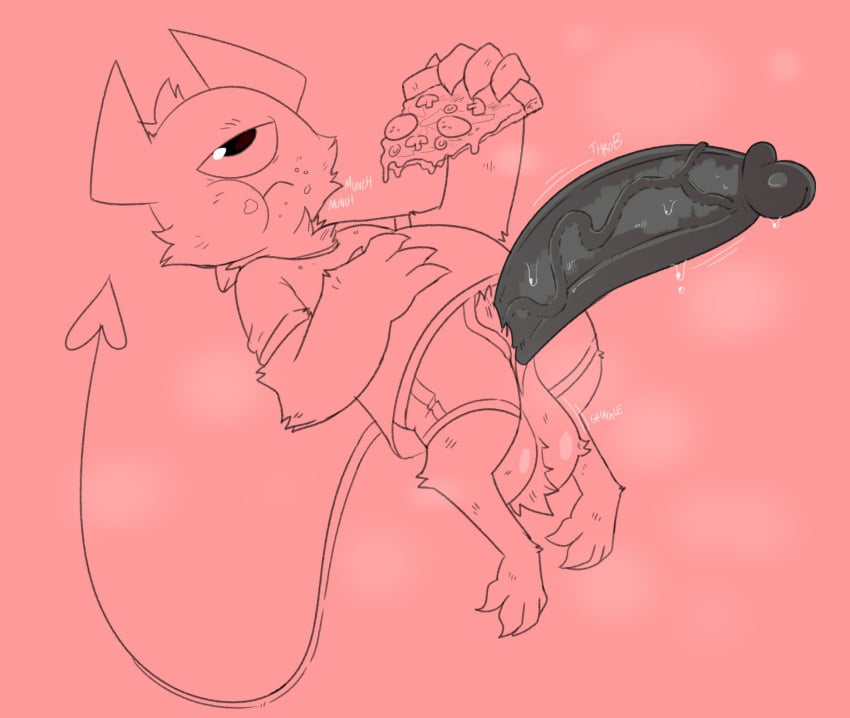 1_eye ball_tuft balls bodily_fluids chewing claws clothed clothing crumbs_on_face demon digitigrade eating eating_food erection food fur genitals half-closed_eyes hi_res horn imp krylon_(nylonhellhole) male mammal musk musk_clouds narrowed_eyes nylonhellhole onomatopoeia partially_clothed penis penis_through_underwear pizza pizza_slice simple_background solo sound_effects sweat sweaty_genitalia tail text tired_expression tuft underwear