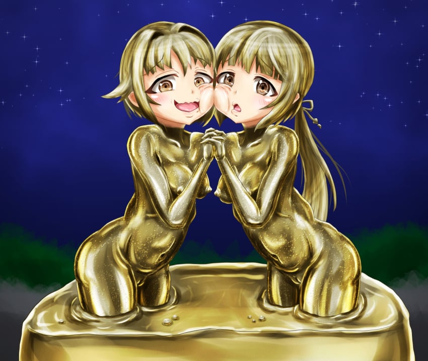 2girls blonde_hair bodypaint cheek-to-cheek gold_paint gold_skin heads_together idolmaster idolmaster_cinderella_girls interlocked_fingers koshimizu_sachiko metal_skin multiple_girls paint puffy_nipples pussy yaneura_(yaneur) yorita_yoshino