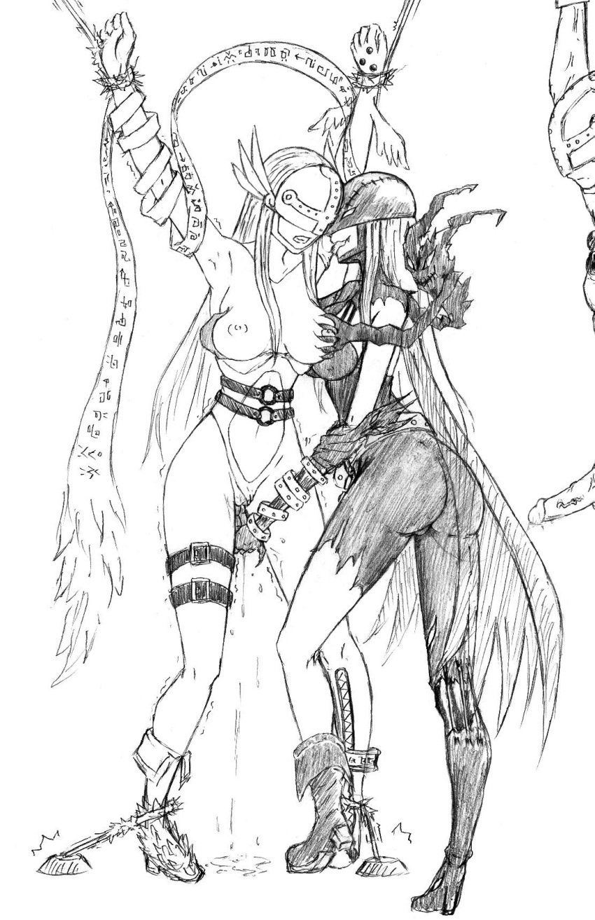 1boy 2girls angemon angewomon areolae armpits ass back bandai bondage breast_grab breasts chains cum demon_girl digimon erection fangs female fingering forced gloves hair headgear helmet highres ladydevimon licking long_hair male monochrome multiple_girls nipples penis precum pussy pussy_juice saliva smile standing succubus tongue trembling veins veiny_penis wet wings yuri