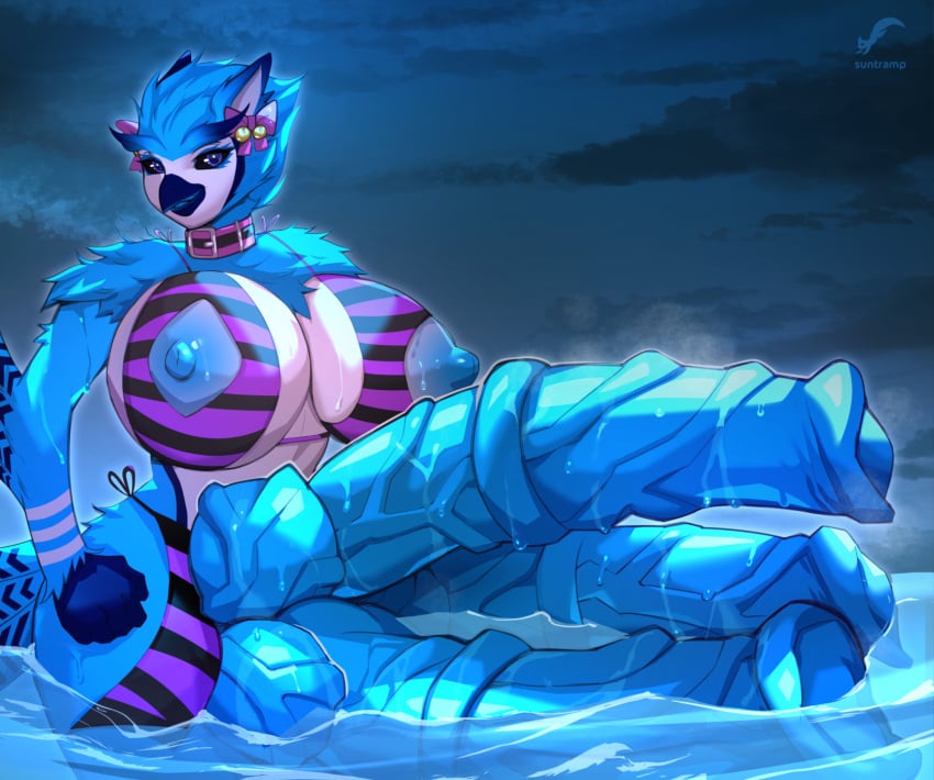 1futa anthro avian black_sclera blue_eyes blue_fur exposed_nipples furry futa_only futanari hean horsecock huge_breasts huge_cock hyper hyper_penis intersex knot looking_at_viewer multi_genitalia multi_penis nipples original original_character owl penis solo suntramp swimsuit triphallia water ych_result