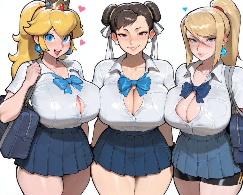 3girls ai_generated bike_shorts blonde_hair blue_eyes bow brown_eyes brown_hair chun-li cleavage double_bun earrings female heart huge_breasts long_hair looking_at_viewer mario_(series) metroid multiple_girls ponytail princess_peach samus_aran school_uniform schoolgirl skirt stable_diffusion street_fighter unbuttoned
