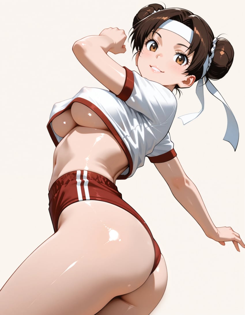 1girls adapted_costume ai_generated alternate_costume ass ass_focus bare_legs bare_midriff big_ass bloomers blush brown_eyes brown_hair butt_crack double_bun erect_nipples erect_nipples_under_clothes gym_uniform hair_bun headband looking_at_viewer looking_back medium_breasts midriff naruto naruto_(series) naruto_shippuden navel ncocomachi nipples nipples_visible_through_clothing no_bra no_bra_under_clothes perky_breasts petite pinup plain_background rear_view round_ass shiny_skin shirt short_sleeves shorts simple_background skimpy skimpy_clothes smile sport_shorts tenten thighs tied_hair underboob visible_nipples wedgie white_background white_skin