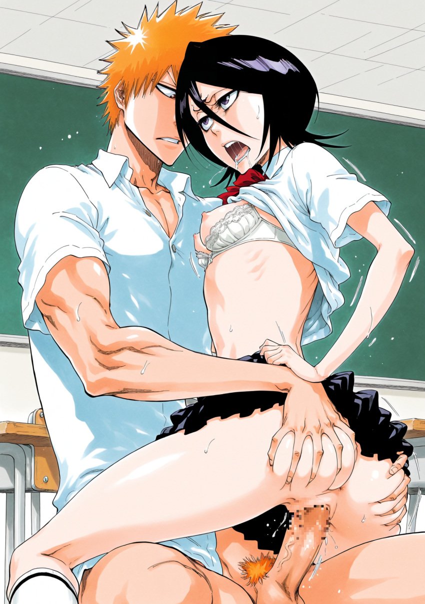 ai_generated bleach ichigo_kurosaki kuchiki_rukia noxxi_(artist) panties school_uniform