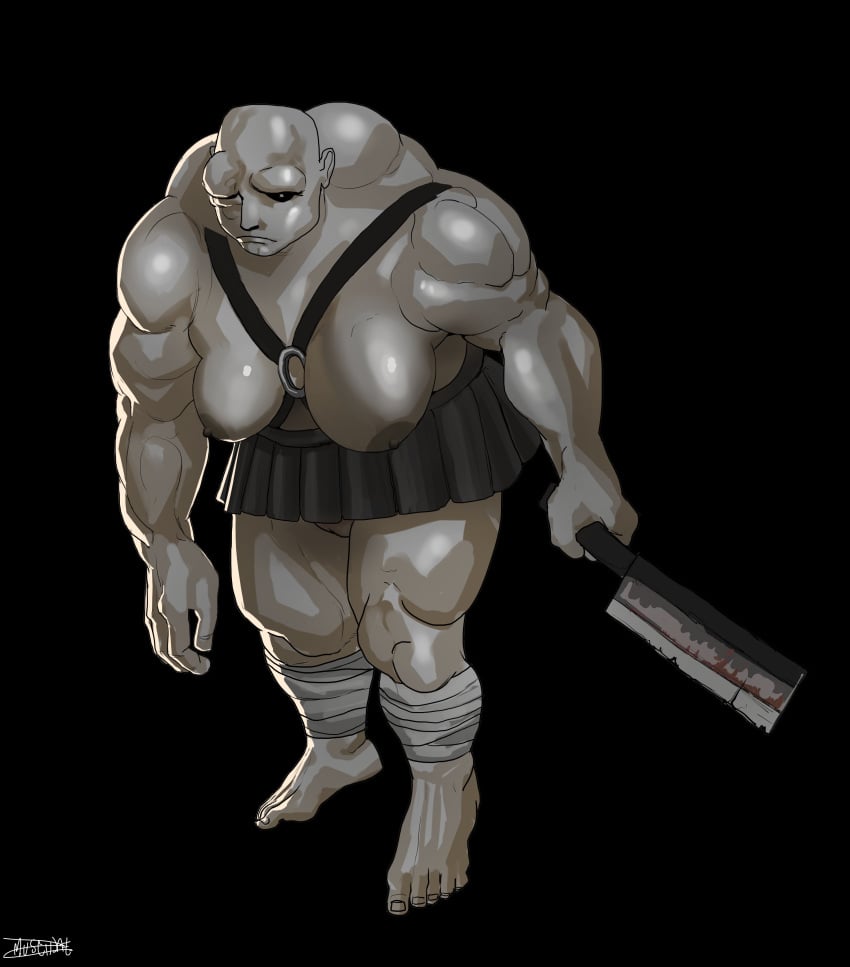 bald barefoot big_breasts blatodeo002 breasts_out cleaver dark_nipples fear_and_hunger feet female female_only full_body genderswap_(mtf) guard_(fear_and_hunger) hanging_breasts harness monster monster_girl muscidae muscular muscular_female no_bra no_panties pussy rule_63 skirt solo uneven_breasts weapon