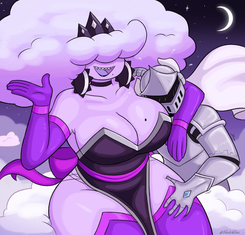 1girls air_creature air_humanoid big_breasts cleavage cloud cloud_creature cloud_humanoid female female_focus knight mevia_(sketchfins) original original_character sitting sketchfins smile