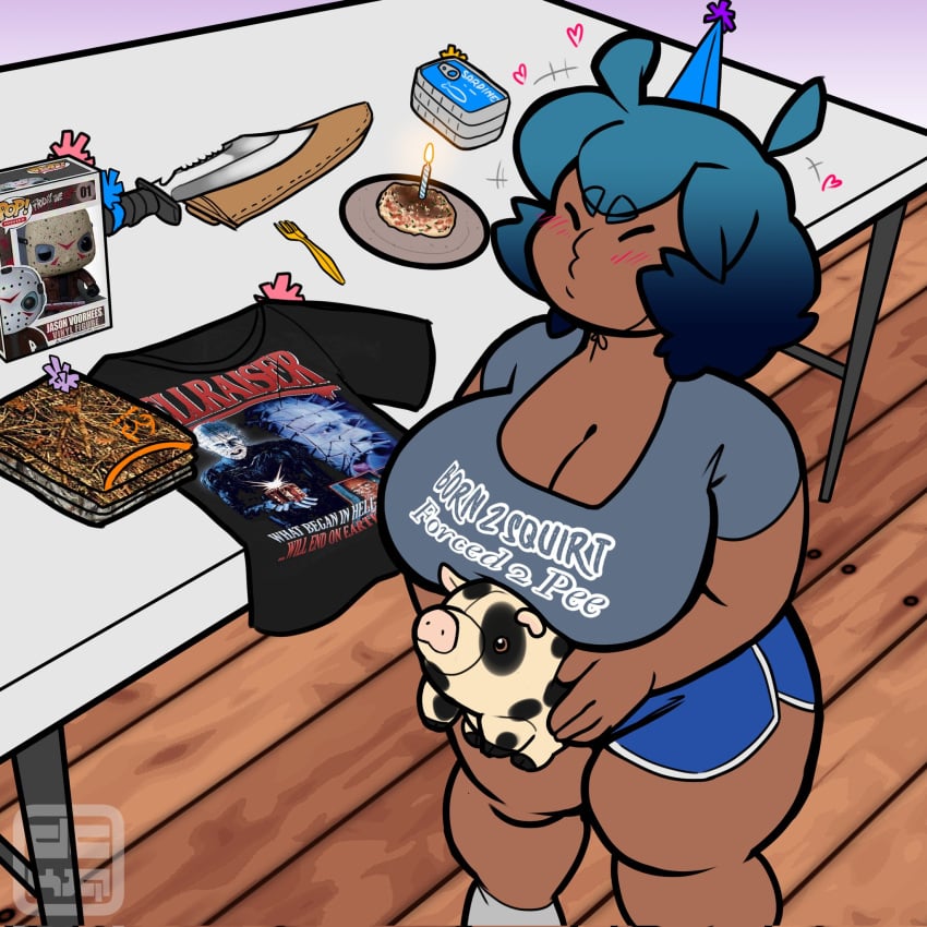 ahoge bangs bbw belly big_belly big_breasts big_butt birthday birthday_cake birthday_candle birthday_hat birthday_party blue_hair booty_shorts cheeked_up chubby chubby_female cleavage closed_eyes curvy curvy_figure dark-skinned_female dark_skin dckiq detailed_background fully_clothed gifts hearts_around_head holding_plushie huge_ass huge_breasts kiqki_(dckiq) large_breasts pig_plushie plump plushie short_hair shorts squish stuffed_animal t-shirt table tan_lines tan_skin tan_skinned_female tanlines text text_on_t-shirt thicc thick_thighs tshirt