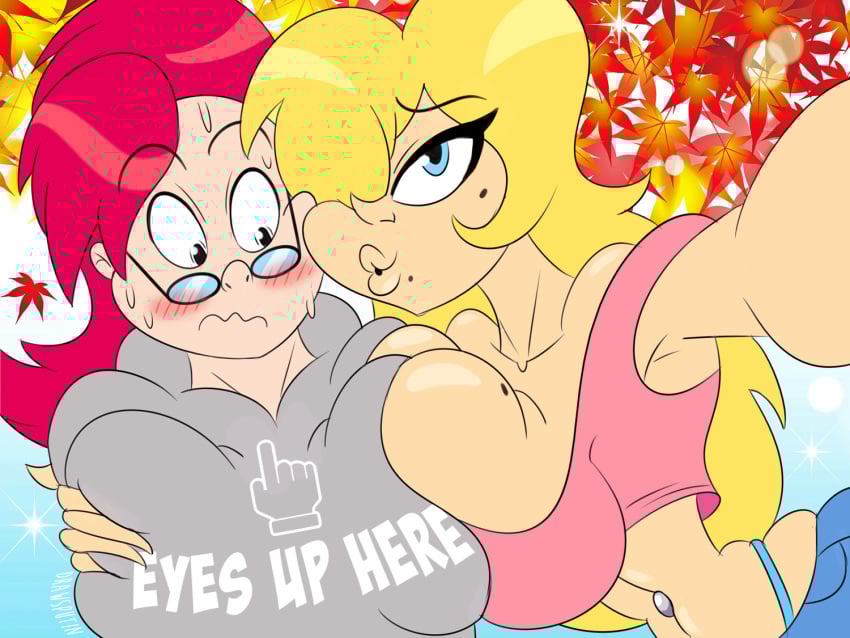 2019 2girls autumn autumn_leaves beauty_mark big_ass big_breasts black_eyes blonde_hair blue_eyes blue_pants blush blush boob_squish clothing cyan_panties drawsputin fall female flustered glasses gray_hoodie grey_hoodie hoodie human looking_at_breasts marina_williams mole mole_on_breast mole_under_eye oboithisisfunky original original_character original_characters pale_skin panties pants pink_t-shirt ponytail red_hair selfie t-shirt tagme tena_(onemanshowoff) wholesome yuri