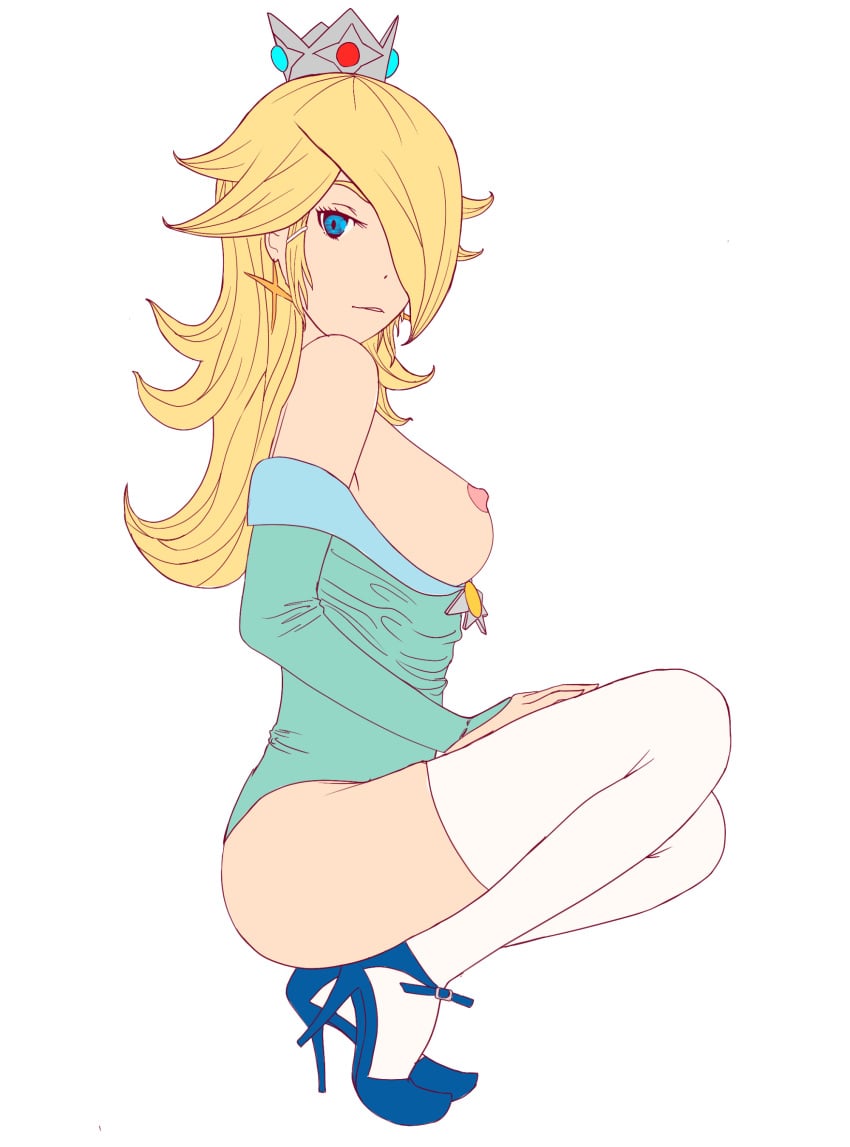 1girls blonde_hair blue_eyes breasts breasts_out crown dpannkaka dress earrings female female_only full_body hair_over_one_eye high_heels highres long_hair looking_at_viewer mario_(series) nintendo nipples pannkaka666 princess_rosalina side_view sideboob simple_background sketch solo squatting thighhighs white_background white_legwear