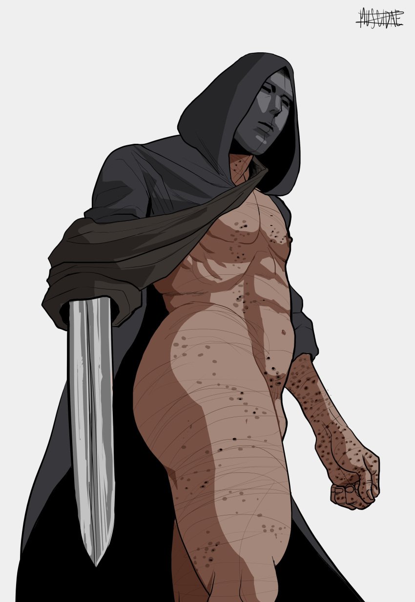 amputated_arm amputee blatodeo002 body_markings bottomless cloak fear_and_hunger hood hood_up isayah_(fear_and_hunger) male male_only mask masked masked_male mostly_nude muscidae muscular muscular_male penis penis_peek solo sword weapon