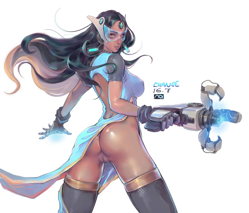 2d absurdres ass black_hair blue-tinted_eyewear breasts brown_eyes change_(artist) dark-skinned_female dark_skin dat_ass earrings female gloves highres jewelry long_hair nipples overwatch pussy simple_background solo symmetra thighs tinted_eyewear visor visor_(eyewear) visor_glasses white_background